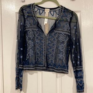 Chico’s sheer blue embroidered jacket